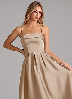 Azazie Lucienne Bridesmaid Dresses Taupe A-Line Pleated Stretch Satin Dress image2