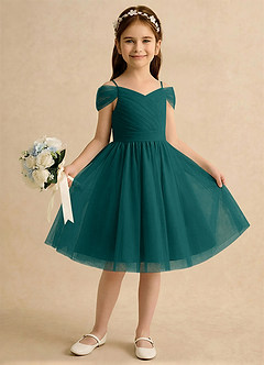 Azazie Lila Girls Formal Robe Demoiselle D'honneur Fillette Robe Trapèze en Tulle Épaule décolletée Paon image4