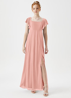 Azazie Bondi Junior Rosette A-Line Side Slit Mesh Dress image1
