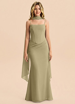 Azazie Sorrel Junior Meerjungfrau-Linie Plissee Chiffon Kleid Moosgrün image1