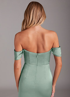 Azazie Saige Bridesmaid Dresses Agave Sheath Off the Shoulder Stretch Satin Dress image9