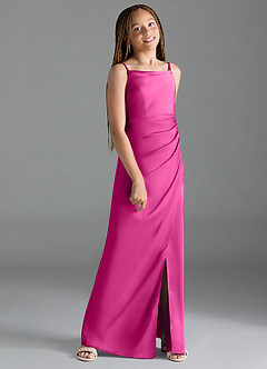 Azazie Leonis Junior Fuchsia A-Line Pleated Stretch Satin Dress image3