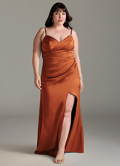 Azazie Yola Bridesmaid Dresses Cinnamon Sheath V-Neck Pleated Stretch Satin Convertible Dress image9