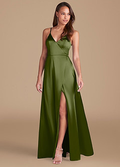 Azazie Maksim Bridesmaid Dresses Olive A-Line Metallic Satin Dress image4
