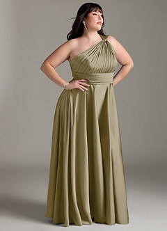 Azazie Charlize Bridesmaid Dresses Moss Green A-Line One Shoulder Stretch Satin Dress image12