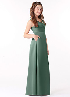 Azazie Sadia Junior Eucalyptus A-Line Pleated Stretch Satin Dress image2
