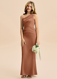 Azazie Akilah Junior Robe Fourreau en Satin extensible Plissée Bronze image5