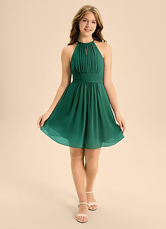 Azazie Bonnie Junior Emerald A-Line Pleated Chiffon Dress image1
