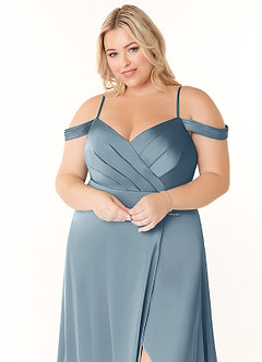 Azazie Ocean Bridesmaid Dresses Dusty Blue A-Line V-Neck Pleated Stretch Satin Dress image5