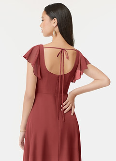 Azazie Bondi Vestidos de damas de honor Vestido Terracota de Gasa de Línea A con Volantes image3