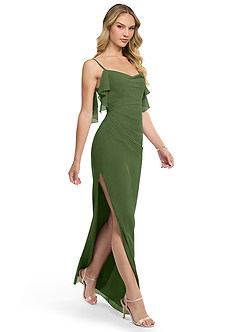 Azazie Jasmine Final Sale Olive Sheath Side Slit Chiffon Dress image3