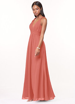 Azazie Maren Vestidos de madrinha de casamento Vestido Rosa Salmão de Chiffon de Linha A com Plissado image3