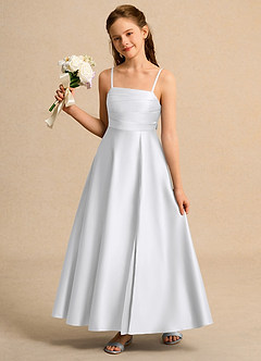 Azazie Pebbles Girl vestidos de niña de las flores Vestido de Blanco de Satin Mate de Corte En A con Plisado image2