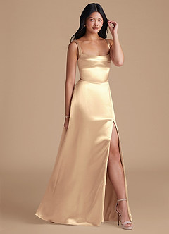 Azazie Hope Bridesmaid Dresses Gold A-Line with Pockets Metallic Satin Dress image1