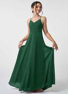 Azazie Avelina Junior Abito A-Line in Chiffon Plissettato Verde Scuro image2