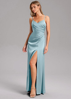 Azazie Azuree Bridesmaid Dresses Moody Blue A-Line Pleated Stretch Satin Dress image5