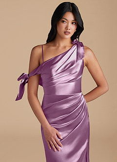 Azazie Xyla Bridesmaid Dresses Wisteria Sheath Off the Shoulder Metallic Satin Convertible Dress image2