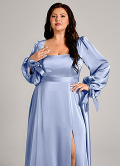 Azazie Leonia Bridesmaid Dresses Ice A-Line Long Sleeve Stretch Satin Dress image2