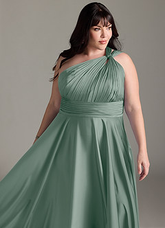 Azazie Charlize Abiti da Damigella Abito A-Line in Raso Elasticizzato Monospalla Salvia Argentata image15