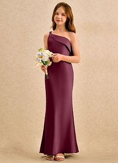Azazie Almond Girls Formal Sukienki dla dziewczynek sypiących kwiaty Osłona Jedno ramię Satyna elastyczna Długość podłogi Sukienka image3