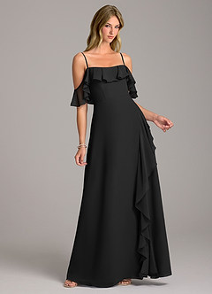 Azazie Aubrie Bridesmaid Dresses Black A-Line Off the Shoulder Chiffon Dress image1