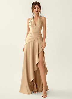 Titania Champagne Satin V-neck Ruffled Prom Dress image3