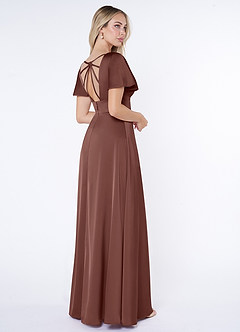 Azazie Lani Bridesmaid Dresses Espresso A-Line Flounce Sleeve Stretch Satin Dress image9