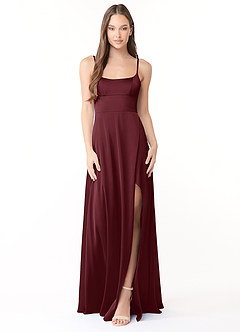 Azazie Halsey Final Sale Cabernet A-Line Side Slit Stretch Satin Dress image1