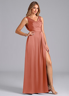 Azazie Karina Bridesmaid Dresses Salmon Pink A-Line Pleated Stretch Satin Dress image5