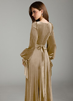 Azazie Leonia Bridesmaid Dresses Golden Tan A-Line Long Sleeve Velvet Dress image2
