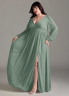 Azazie Norah Brautjungfernkleider A-Linie Lange Ärmel mit V-Ausschnitt Chiffon Kleid Silberner Salbei image10