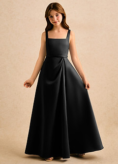 Azazie Emiko Girls Formal Flower Girl Dresses Black A-Line Pleated Matte Satin Dress image4