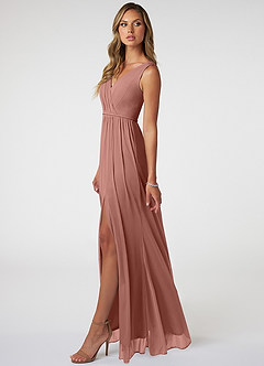 Azazie Tanicia Brautjungfernkleider A-Linie V-Hals Gefaltet Gittergewebe Kleid Zedernrose image3