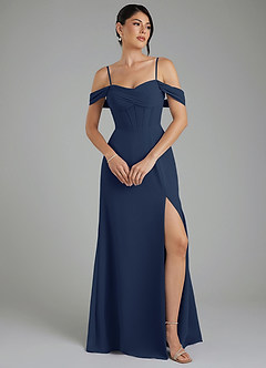 Azazie Cece Robes de demoiselle d'honneur Robe Trapèze en Mousseline de soie Épaule décolletée Bleu Marine Foncé image1