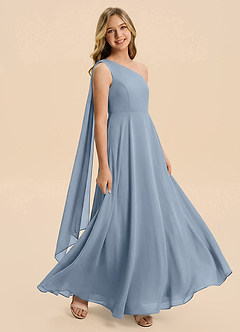 Azazie Averie Junior Dusty Blue A-Line Pleated Chiffon Dress image2