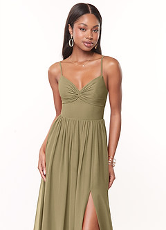 Azazie Zeya At-home Try On Dresses Moss Green A-Line Pleated Chiffon Dress image5