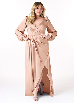 Azazie Mel Bridesmaid Dresses Rose Gold Sheath Long Sleeve Stretch Satin Dress image7