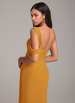 Azazie Wynter Bridesmaid Dresses Butterscotch Sheath Off the Shoulder Chiffon Dress image2