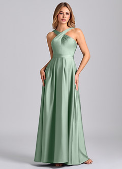 Azazie Dixie 신부 들러리 드레스 A라인 주름진 스트레치 새틴 바닥 길이 드레스 image4