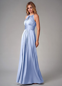 Azazie Bonnie At-home Try On Dresses Dusty Blue A-Line Pleated Stretch Satin Dress image3