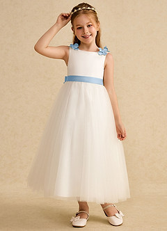 Azazie Lilli vestidos de niña de las flores Vestido Marfil Azul Polvoriento de Tul de Corte en A con Lazo image5