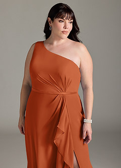 Azazie Liza Jurken voor bruidsmeisjes Jurk van Chiffon met Zeemeermin One-Shoulder Verbrande Sinaasappel image10