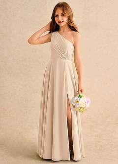 Azazie Puddles Girls Formal Abiti da Ragazza di Fiori Abito A-Line in Chiffon Monospalla Sabbia image3