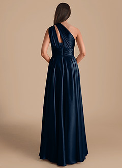 Azazie Charlize Bridesmaid Dresses Dark Navy A-Line One Shoulder Metallic Satin Dress image2