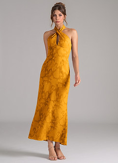 Azazie Marlissa Bridesmaid Dresses Butterscotch Sheath Pleated Floral Burnout Dress image3