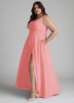 Azazie Karina Bridesmaid Dresses Coral A-Line Pleated Chiffon Dress image8