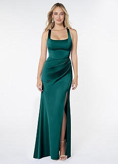 Azazie Mero Bridesmaid Dresses Peacock Sheath Pleated Stretch Satin Dress image1