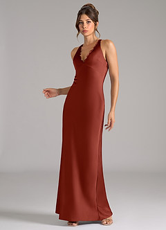 Azazie Tianna At-home Try On Dresses Terracotta A-Line Stretch Satin Dress image3