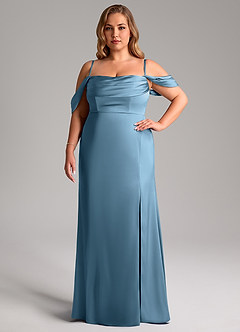 Azazie Saige Jurken voor bruidsmeisjes Jurk van Stretch Satijn met Kolom Off the Shoulder Staal Blauw image15
