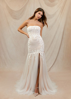 Azazie Aliana Vestidos de novia Vestido de Blanco Diamante Nude de Tul de Corte Sirena con Encaje image5
